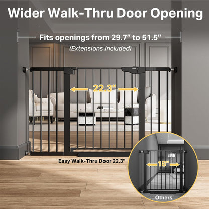 Cumbor 29.7-48" Baby Gate for Stairs, Mom's Choice Awards Winner-Dog Gate for Doorways, Auto Close Safety Pet Gate for Dogs Indoor, Easy Install Pressure Mounted Child Gate with Walk Thru Door, Brown