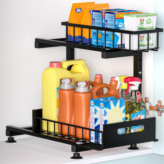 Saydear L-Shaped Under Sink Organizer, 2-Tier Pull-out Cabinet Rack 1-Pack | Black Height-Adjustable Metal Rack, Sliding Grid Drawers with Safety Stopper, Holds 100 Lbs, Ideal Kitchen Cabinet Storage