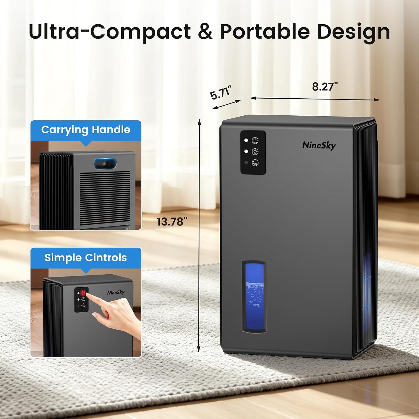 NineSky Dehumidifiers for Home, 1000 Sq.Ft Dehumidifier with 95oz Water Tank, Quiet Dehumidifier for Basement Bathroom Bedroom with 7-Color Ambient Light & Auto Shut Off, Sliver