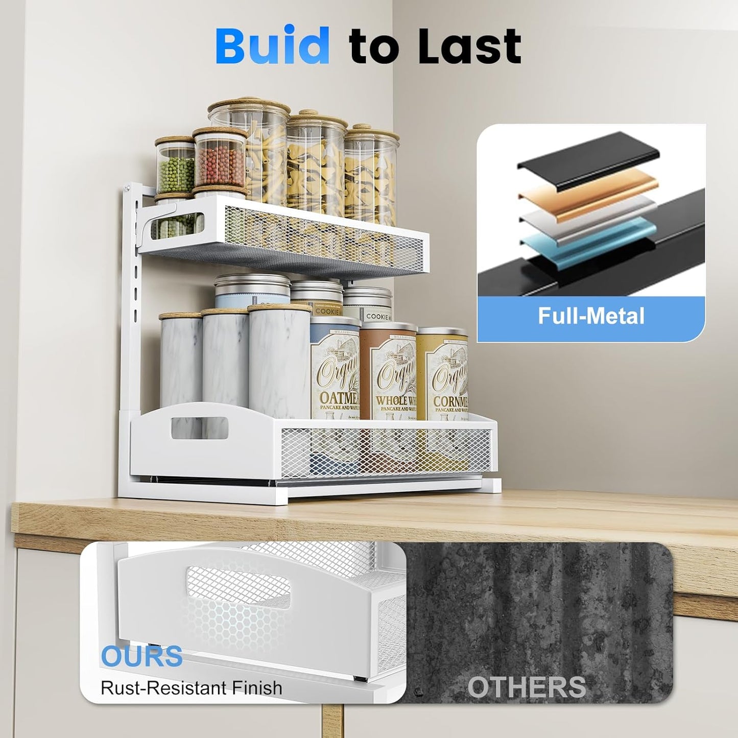 Petiza Under Sink Organizer Pull Out Cabinet Organizer Adjustable Height 2 Tier with Sliding Drawers Kitchen Bathroom Organizer and Storage(1pc)