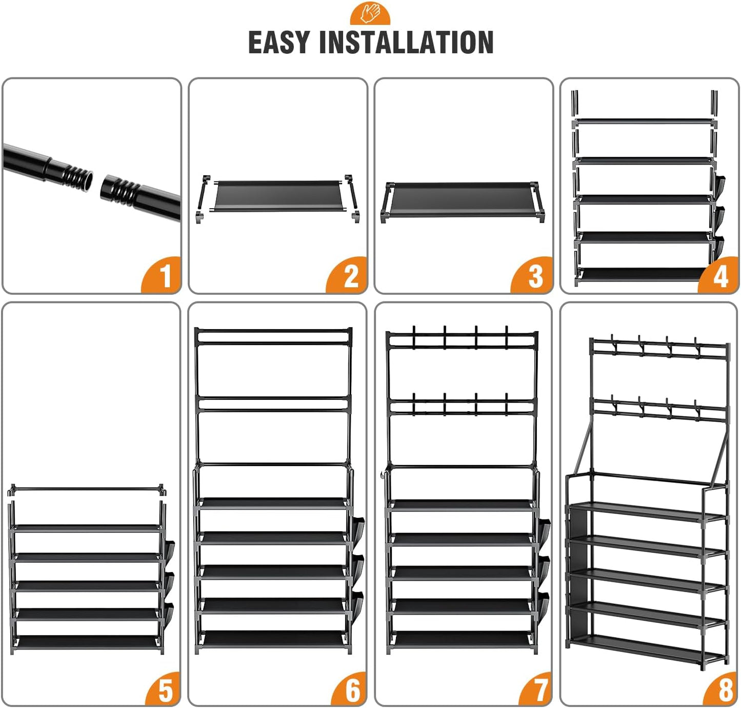 OYREL Shoe Rack, 5 Tier Shoes Storage Organizer, with Functional Hooks and Side Pocket, 20-25 Pairs, for Closet/Entrance/Entryway, Sneaker and Boot Stackable Free Standing Shoe Rack