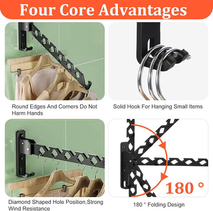 Wall Mounted Clothes Hanger Rack, Heavy Duty Folding Garment Hooks with Swing Arm, Space Saving Laundry Drying Organizer for Bathroom Bedroom, Black 3-Pack