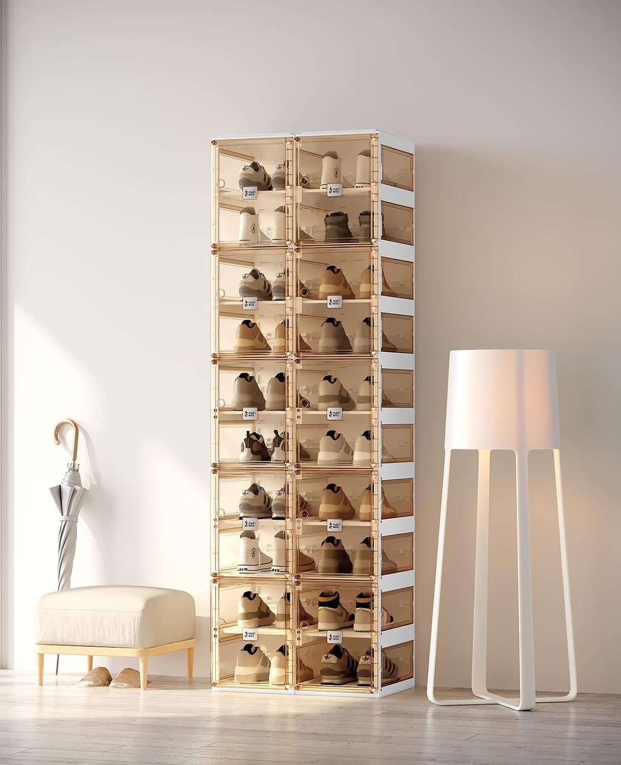 ANTBOX Collapsible Shoe Boxes Clear Plastic Stackable, Quick Setup Drop Front Shoe Organizer, Display Storage Cabinet for Sneakers10 Tiers 20 Pairs