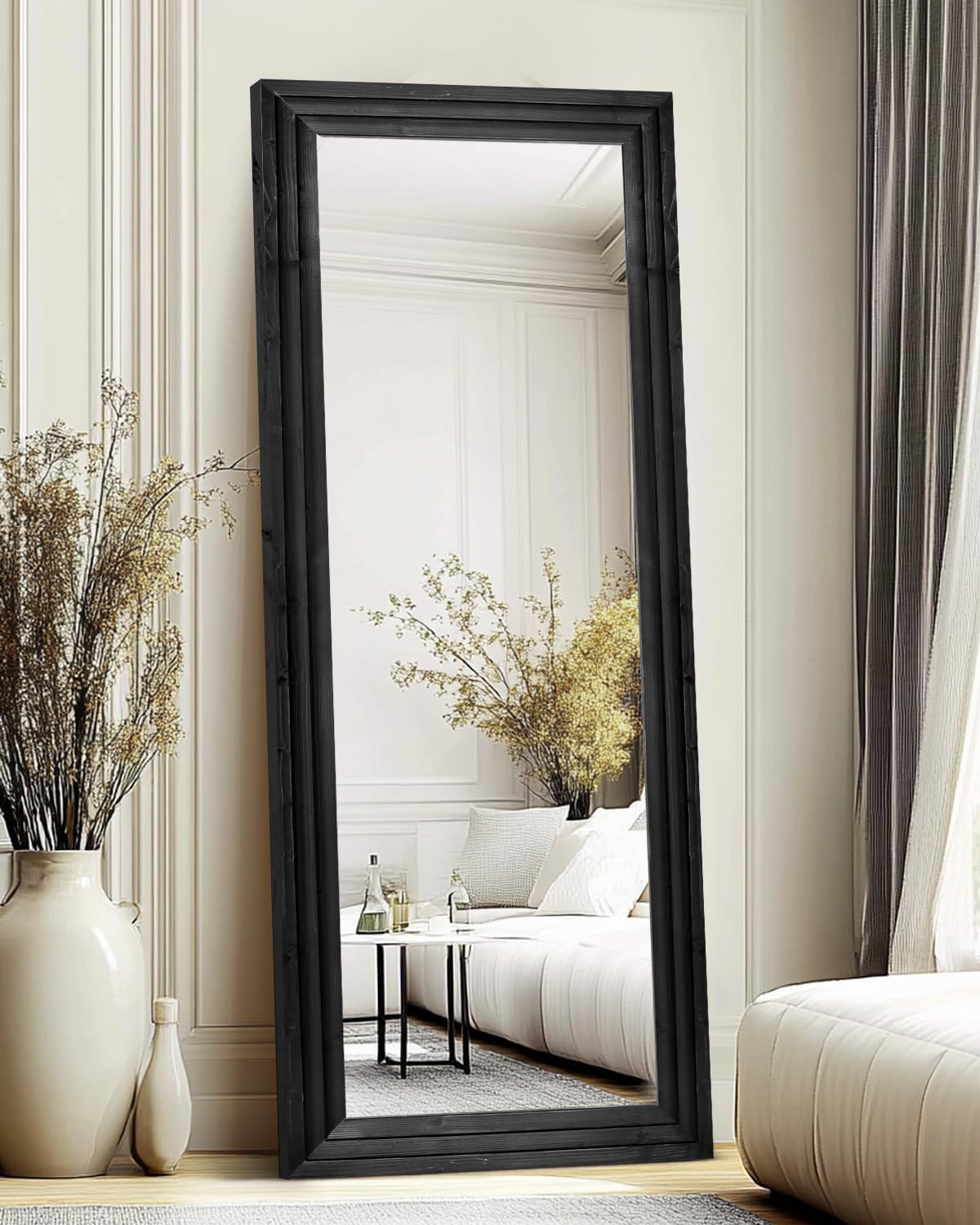 Full Length Mirror 65"x22" with Stand Solid Wood Frame Floor Large Mirror for Living Room, Bedroom Hanging Standing or Leaning Wall-Mounted, New Black