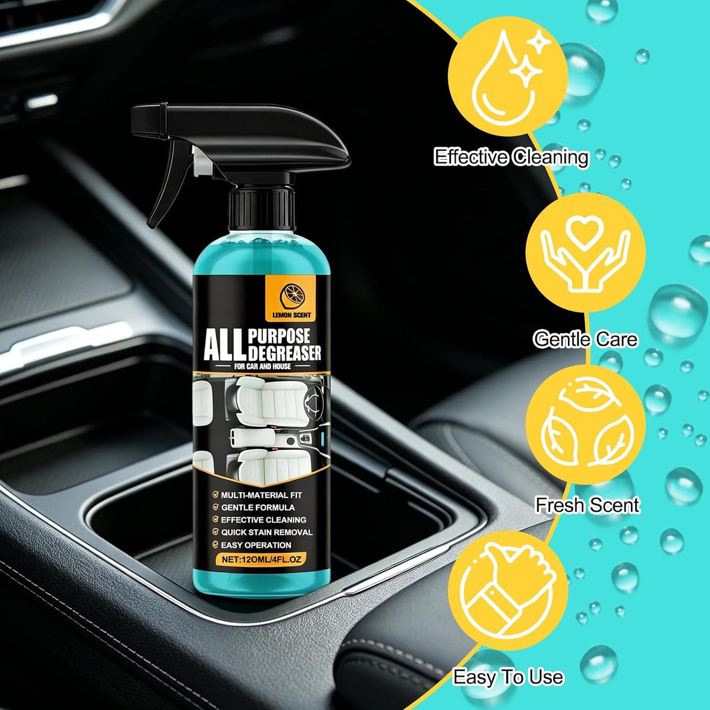 2Pcs All Purpose Degreaser for Car and House, Lemon Scent Mulit Heavy-Duty Cleaning Spray, Car and House Multi-purpose Cleaning Spray, Quick Stain Removal For Cars Kitchen Bathroom