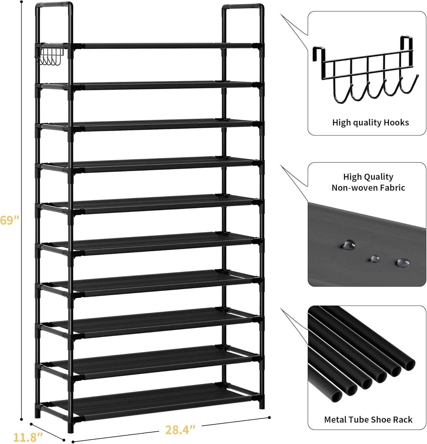 Shoe Rack, 10 Tier Shoe Storage Organizer with Hooks,Fit 40-45 Pairs Shoes,Metal Tall Shoe Shelf for Closet,Entryway, Hallway,Garage,Bedroom,Cloakroom