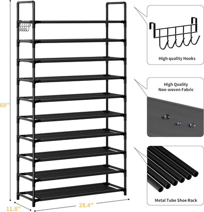 Shoe Rack, 10 Tier Shoe Storage Organizer with Hooks,Fit 40-45 Pairs Shoes,Metal Tall Shoe Shelf for Closet,Entryway, Hallway,Garage,Bedroom,Cloakroom