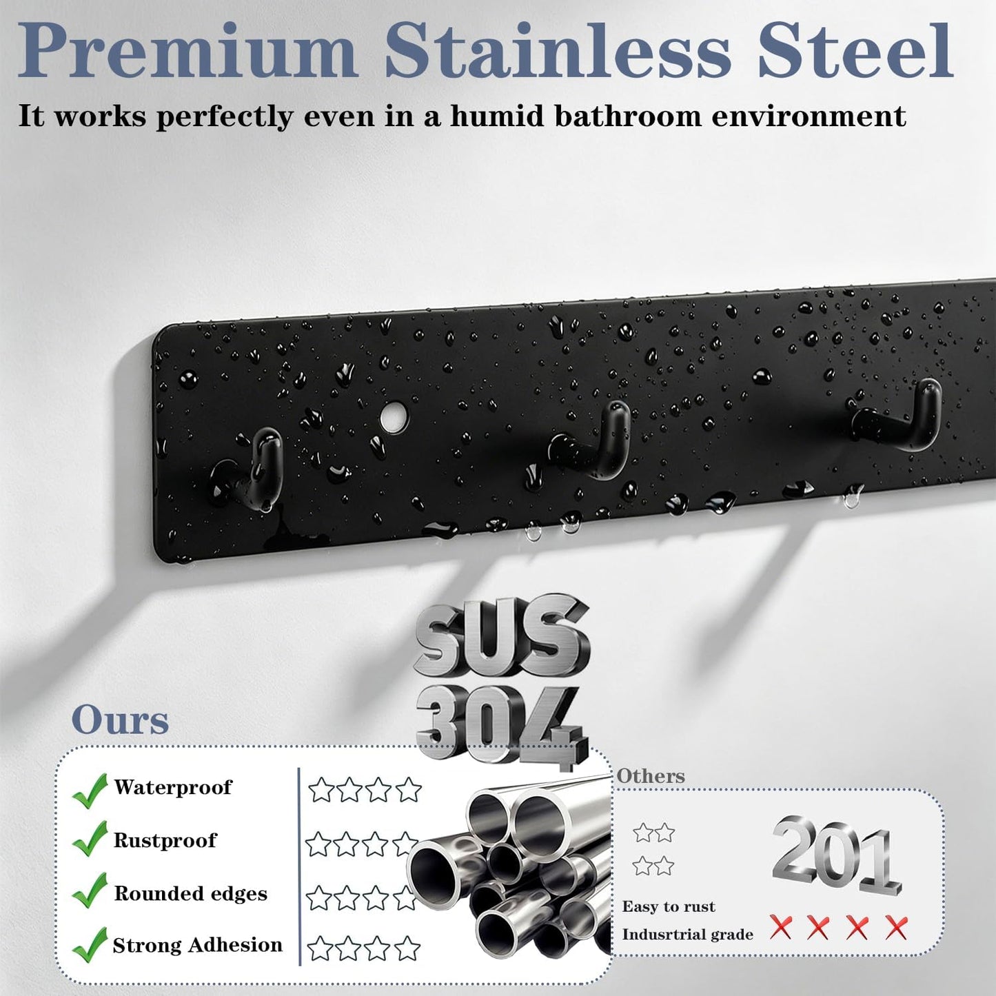 Coat Rack Wall Mounted, Heavy Duty Wall Hooks for Hanging Keys Purse Towel Coat, Premium Stainless Steel Entry Coat Hooks Rack, Large Adhesive Key Holder Towel Racks for Bathroom RV (Black)