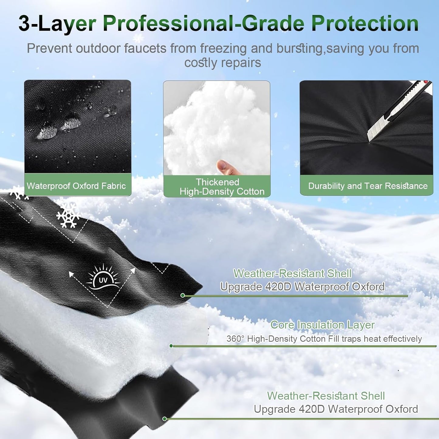 Outdoor Faucet Covers for Winter - Thicker Freeze Protection Spigot Cover | Upgrade 420D Waterproof Oxford, Reflective Stripes & Drawstring (4Packs, 8.3" H x 6.7" W)