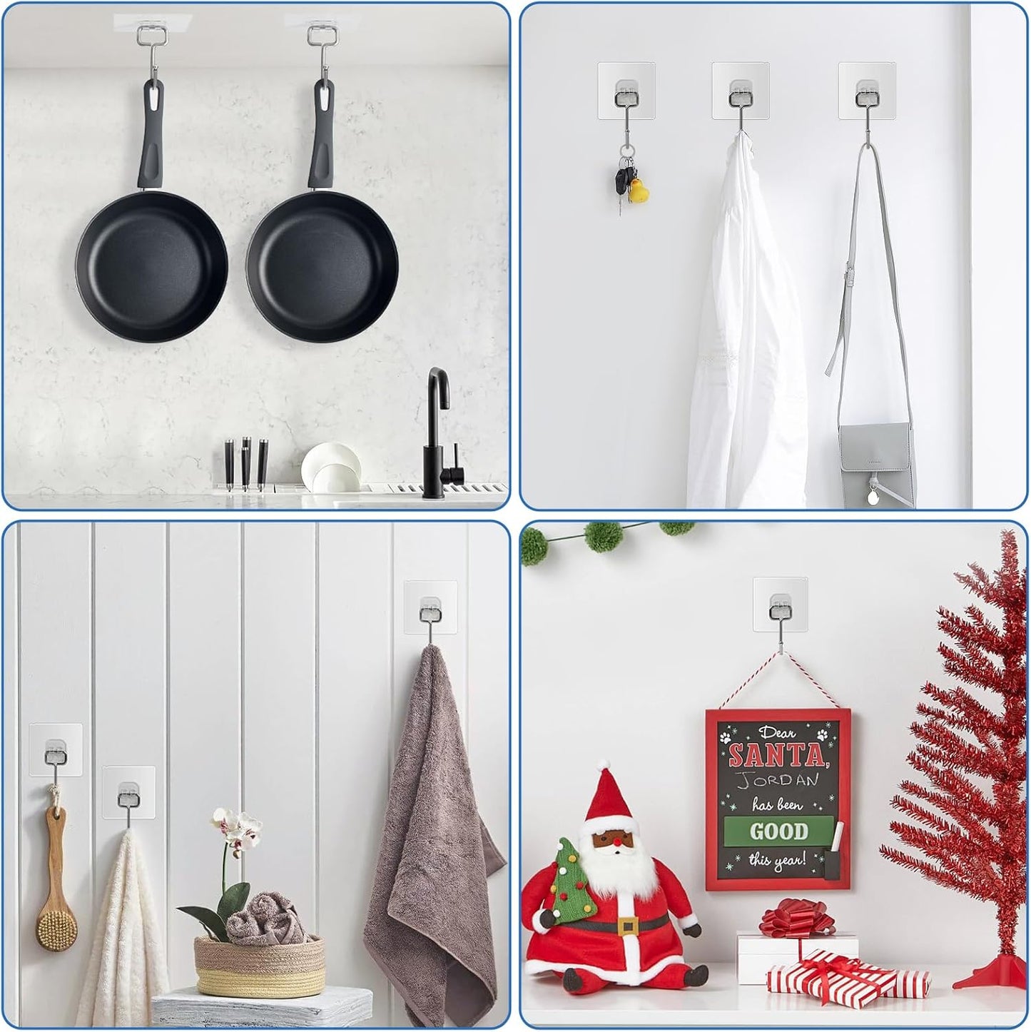 Large Adhesive Hooks for Hanging Heavy Duty 60Ib(Max) 8 Packs, Waterproof & Rustproof Wall Hangers Without Nails for Kitchen, Bathroom, Home, Office, Coat, Towel, Plant, Transparent