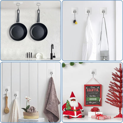 Large Adhesive Hooks for Hanging Heavy Duty 60Ib(Max) 8 Packs, Waterproof & Rustproof Wall Hangers Without Nails for Kitchen, Bathroom, Home, Office, Coat, Towel, Plant, Transparent