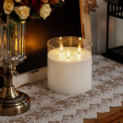 Homemory Green Glass Flameless Candles, Battery Operated LED Pillar Candles with Remote Control and Timer, Radiance Candles, Real Wax, Set of 3,D3 xH4 5" 6"