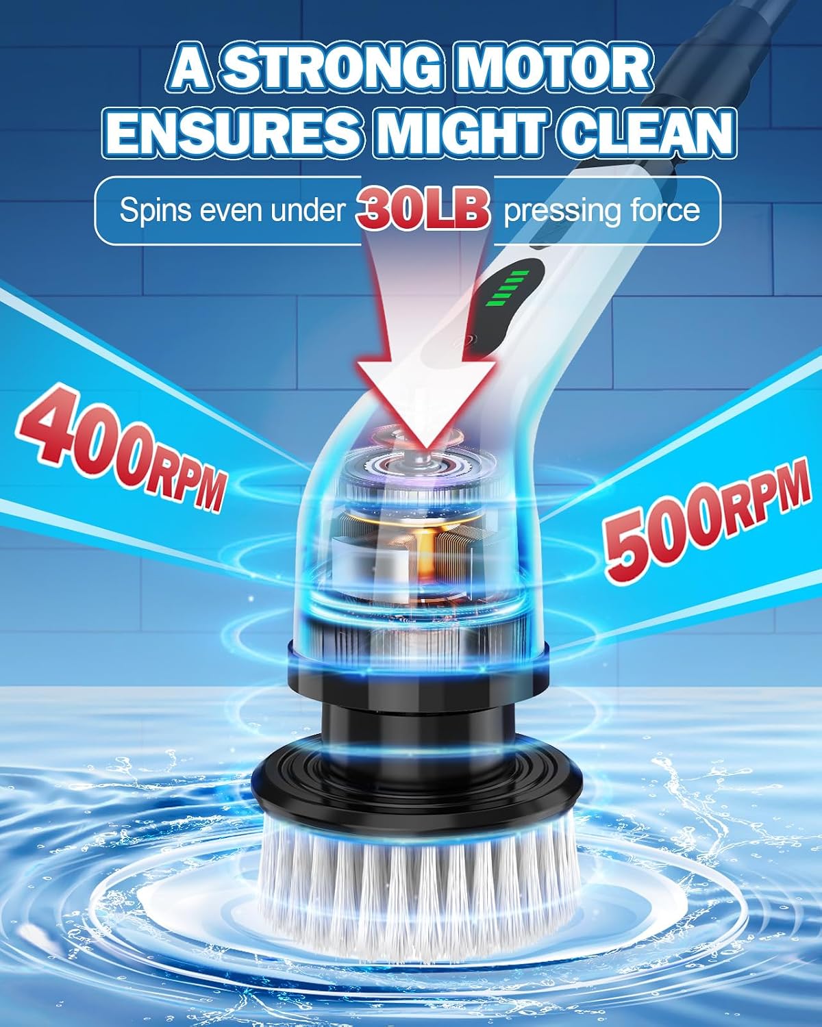Electric Spin Scrubber, IPX7 Cordless Power Cleaning Brush, Dual Speed Electric Shower Scrubber with 8 Brush Heads, USB-C Charging and Retractable Handle for Tile & Bathtub