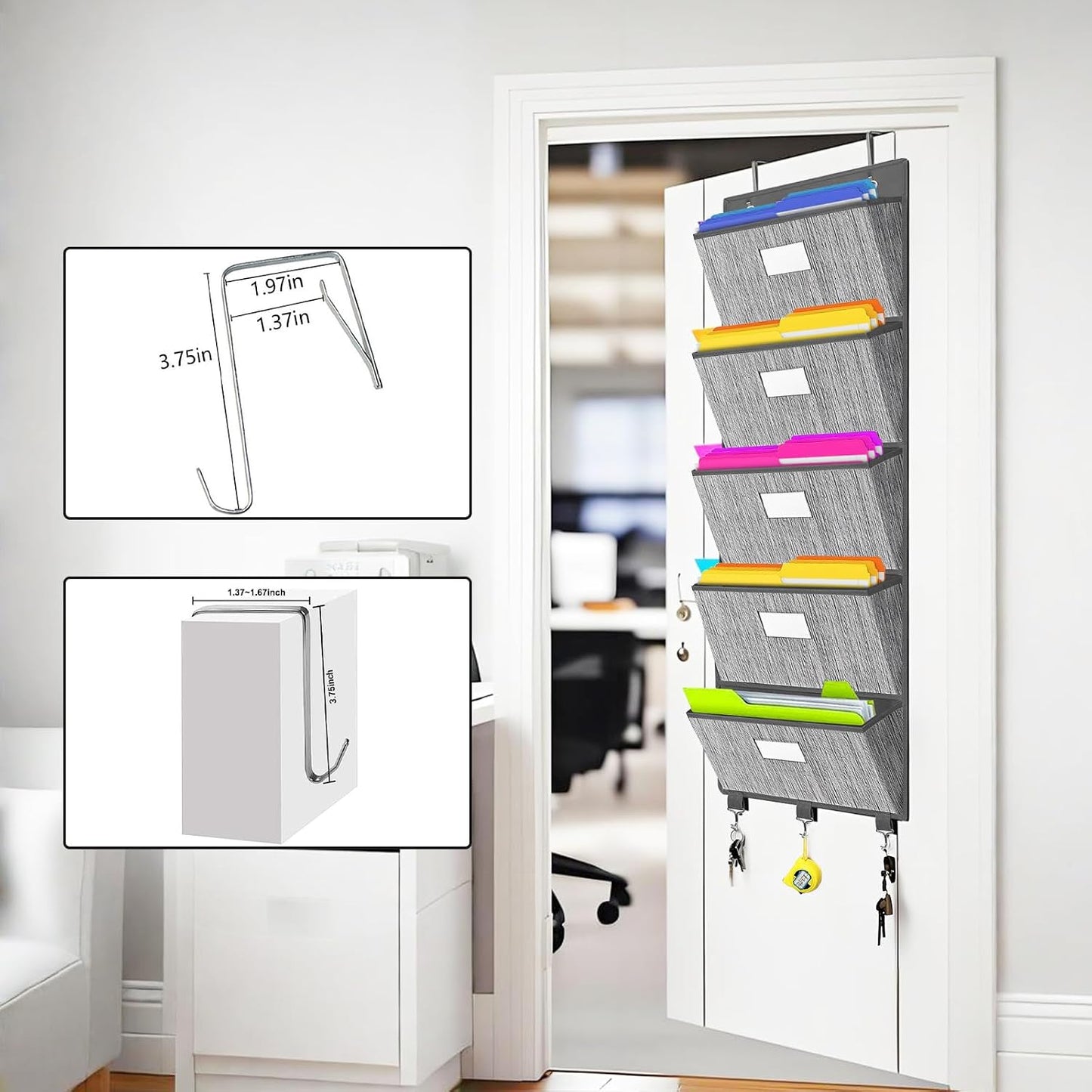 homyfort Over the Door File Organizer, Wall Hanging File Folders with 5 Large Pocket for Mails, Magazines, Back to School Supplies,Office Chart Storage, Paper Organization (Grey)