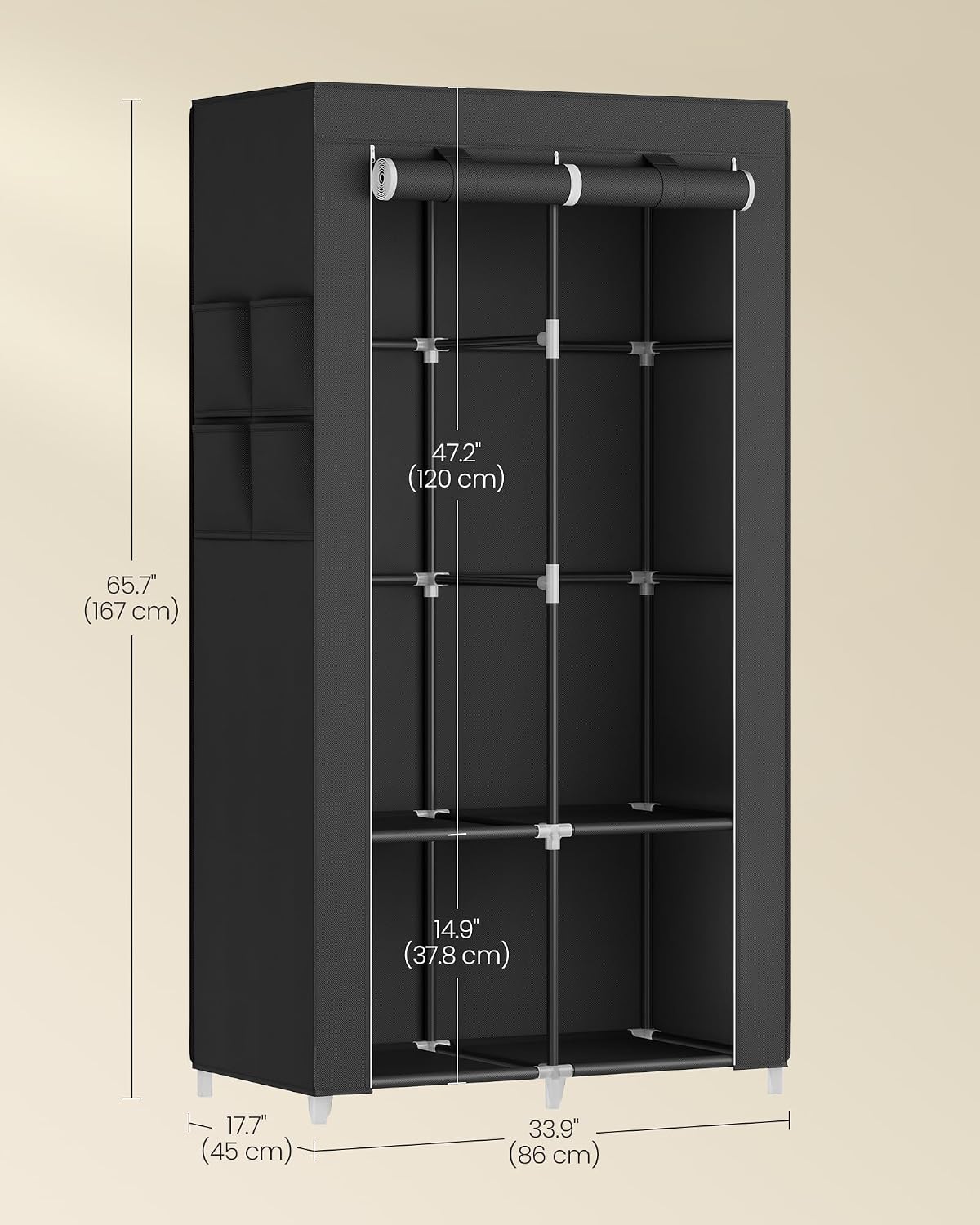 SONGMICS Portable Closet, Wardrobe Closet Organizer with Cover, 3 Hanging Rods and Shelves, 4 Side Pockets, 51.2 x 17.7 x 65.7 Inches, Large Capacity for Bedroom, Living Room, Ink Black URYG092B02
