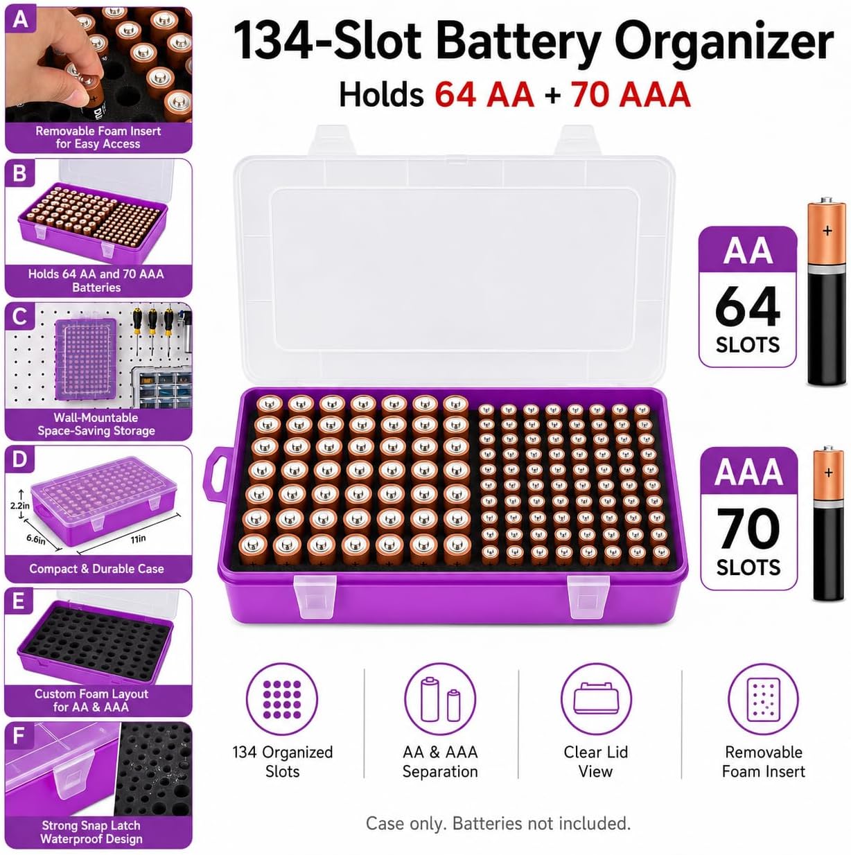 Xuerdon Battery Organizer Case with BT168 Tester 120+ Batteries Storage Box | Clear Plastic Battery Box Holds 49AA 51AAA 10CR2032 10CR1632 Batteries, Wall Mount Drawer Organizer Batteries not Included
