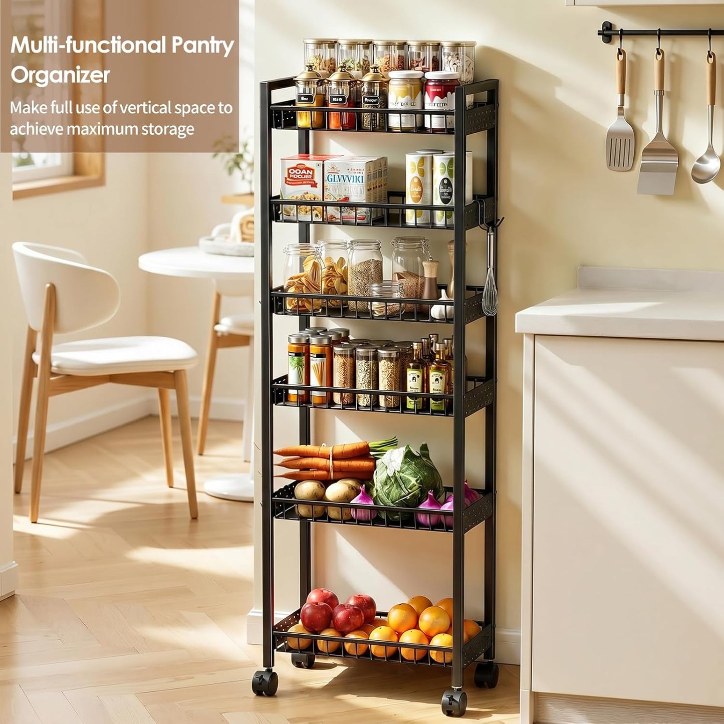 Slim Storage Rolling Cart, 4 Tier Narrow Cart with Wheels, Metal Kitchen Rolling Cart for Small Spaces, Slide Out Storage Shelves for Kitchen, Laundry Room, Bathroom, Living Room, 7.1in(W)