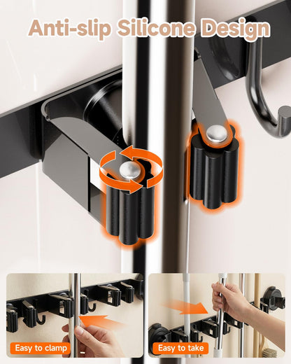 2026 Upgrade Broom Holder Wall Mount with Suction Cup, Broom and Mop Organizer Wall Hanging with 4 Racks & 3 Hooks, Removable and Reusable, Mop and Broom Hanger for Home Kitchen Laundry