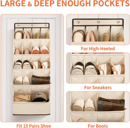 FENTEC 1 Pack Over-the-Door-Shoe-Organizers,Hanging Organizers with Large Pocket Shoe Holder Hanging Shoe Rack for Closet Shoe Organizer for Wall, Over Door Organizer with 15 Pockets Gray