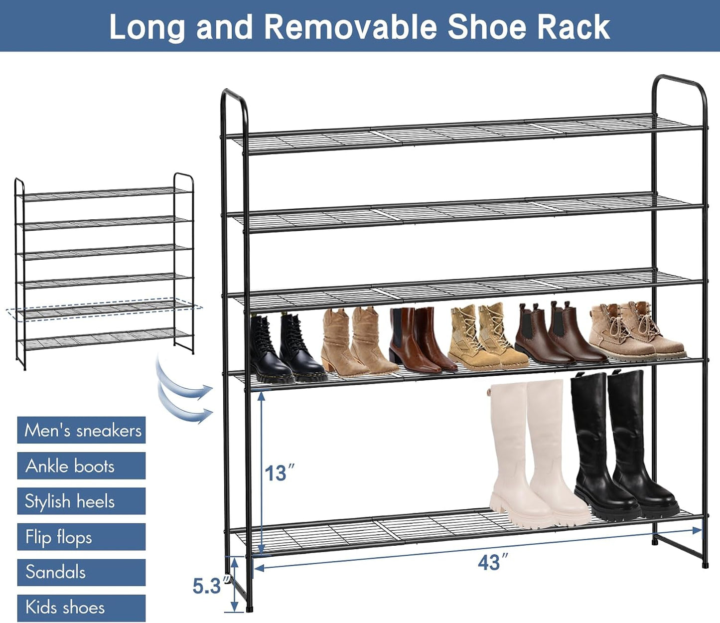 KEETDY 3-Tier Long Shoe Rack for Closet Metal Shoe Organizer for Entryway, Wide Stackable Shoe Storage Shelf with Sturdy Wire Grid for Closet Floor, Bedroom, Black