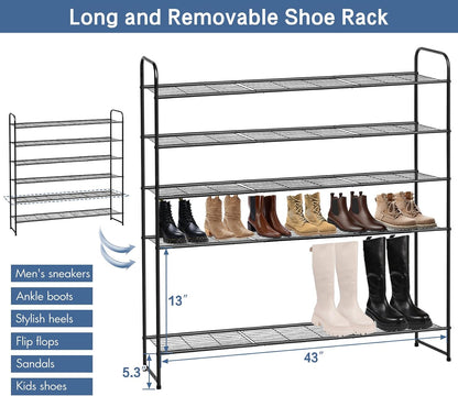 KEETDY 3-Tier Long Shoe Rack for Closet Metal Shoe Organizer for Entryway, Wide Stackable Shoe Storage Shelf with Sturdy Wire Grid for Closet Floor, Bedroom, Black