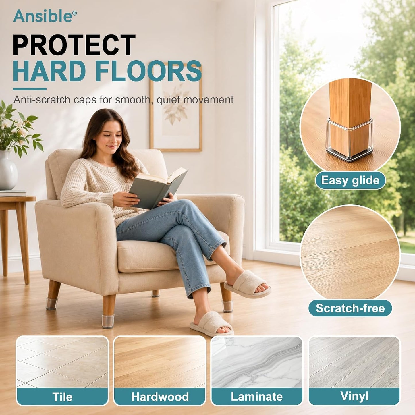 Ansible 24 Pcs Chair Leg Floor Protectors Square, Silicone Felt Furniture Leg Pads Caps Covers for Hardwood Floors (Fit:1-1/16" to 1-5/8")