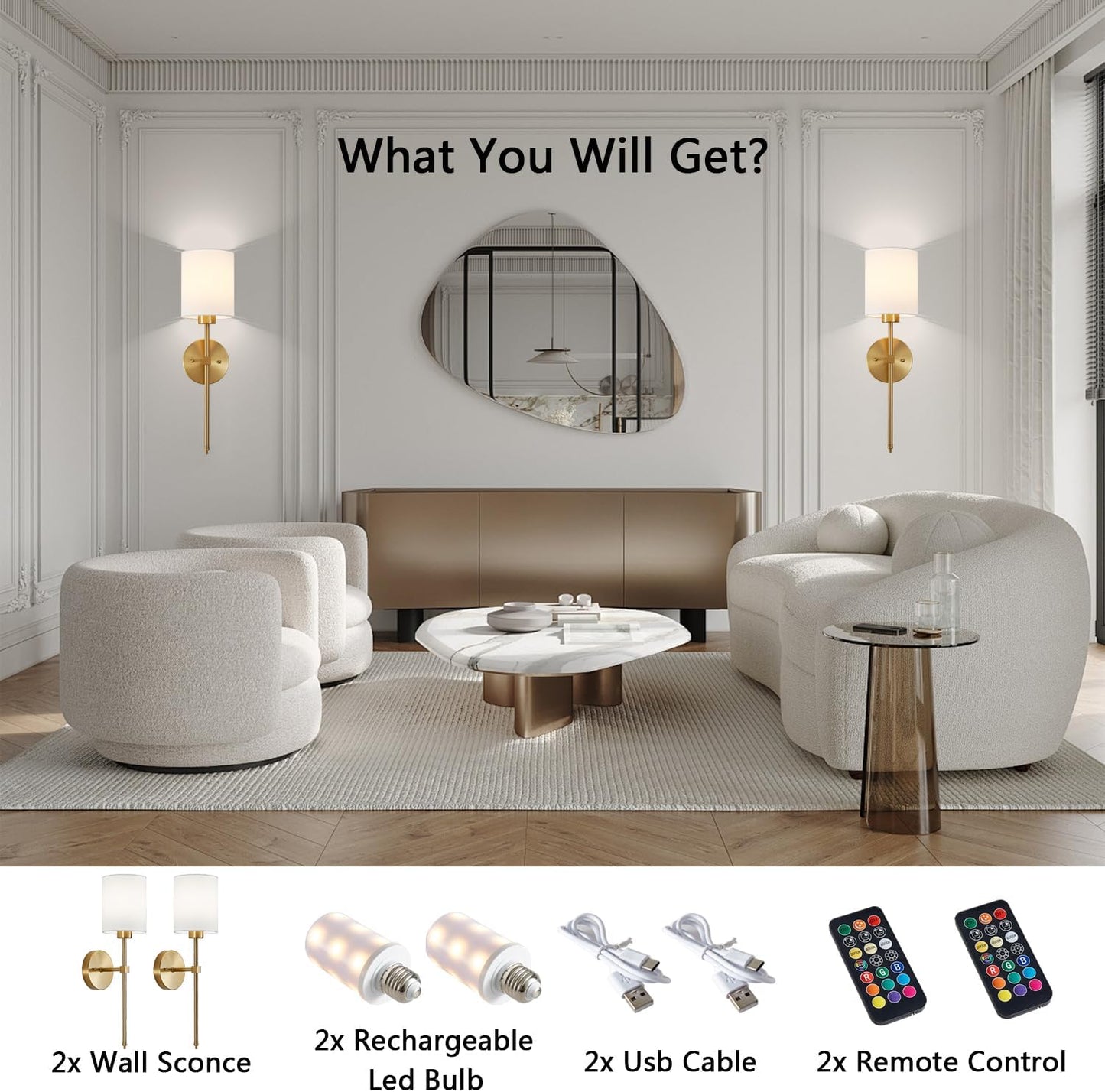 Battery Operated Wall Sconce Set of 2, Brushed Gold Rechargeable Wall Lights with Remote Control and Dimmable LED Bulbs, 13 Light Colors Wireless Wall Lamps for Bedroom Living Room Hallway (Gold)