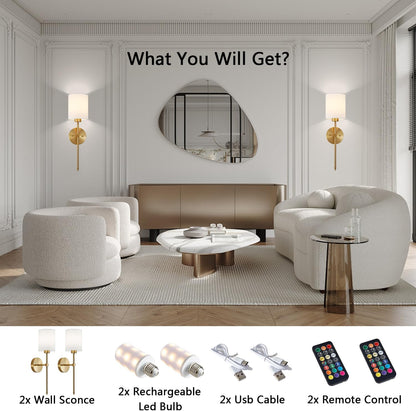 Battery Operated Wall Sconce Set of 2, Brushed Gold Rechargeable Wall Lights with Remote Control and Dimmable LED Bulbs, 13 Light Colors Wireless Wall Lamps for Bedroom Living Room Hallway (Gold)