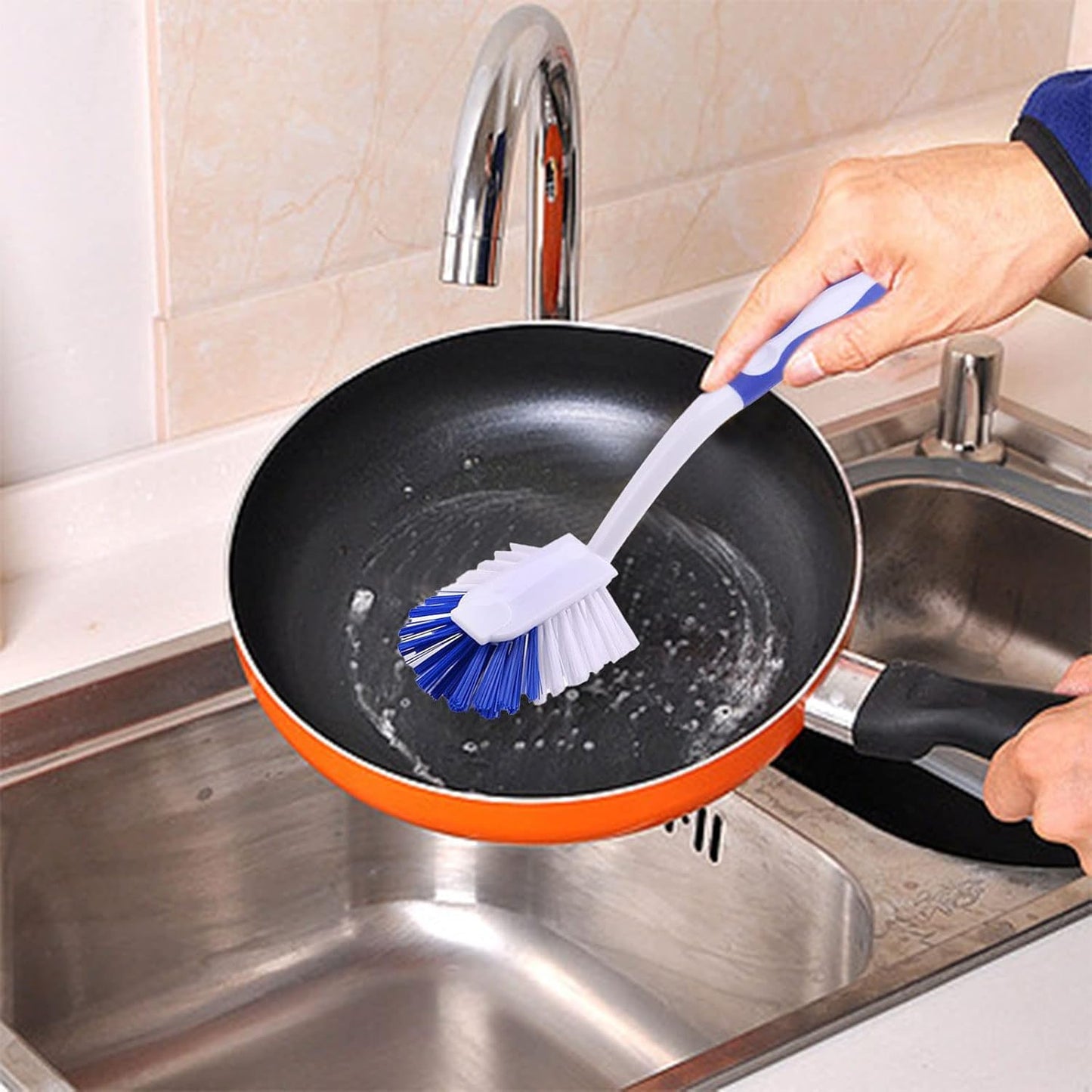 Kitchen Brushes for Dishes, Sink Brush with Stiff Bristles for Sink, Pots, Pans Stove Cookware Cleaning, Dish Cleaning Brush with Long Handle and Hook for Space Saving, Blue