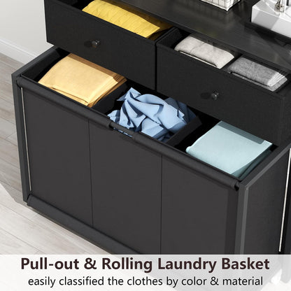 STIKELY Laundry Hamper Laundry Basket with 3 Section Pull-Out Rolling Bags, Laundry Sorter for Organization and Storage with 2 Pull-Out Drawers for Laundry Room, Bathroom, Bedroom Use (Rustic Brown)