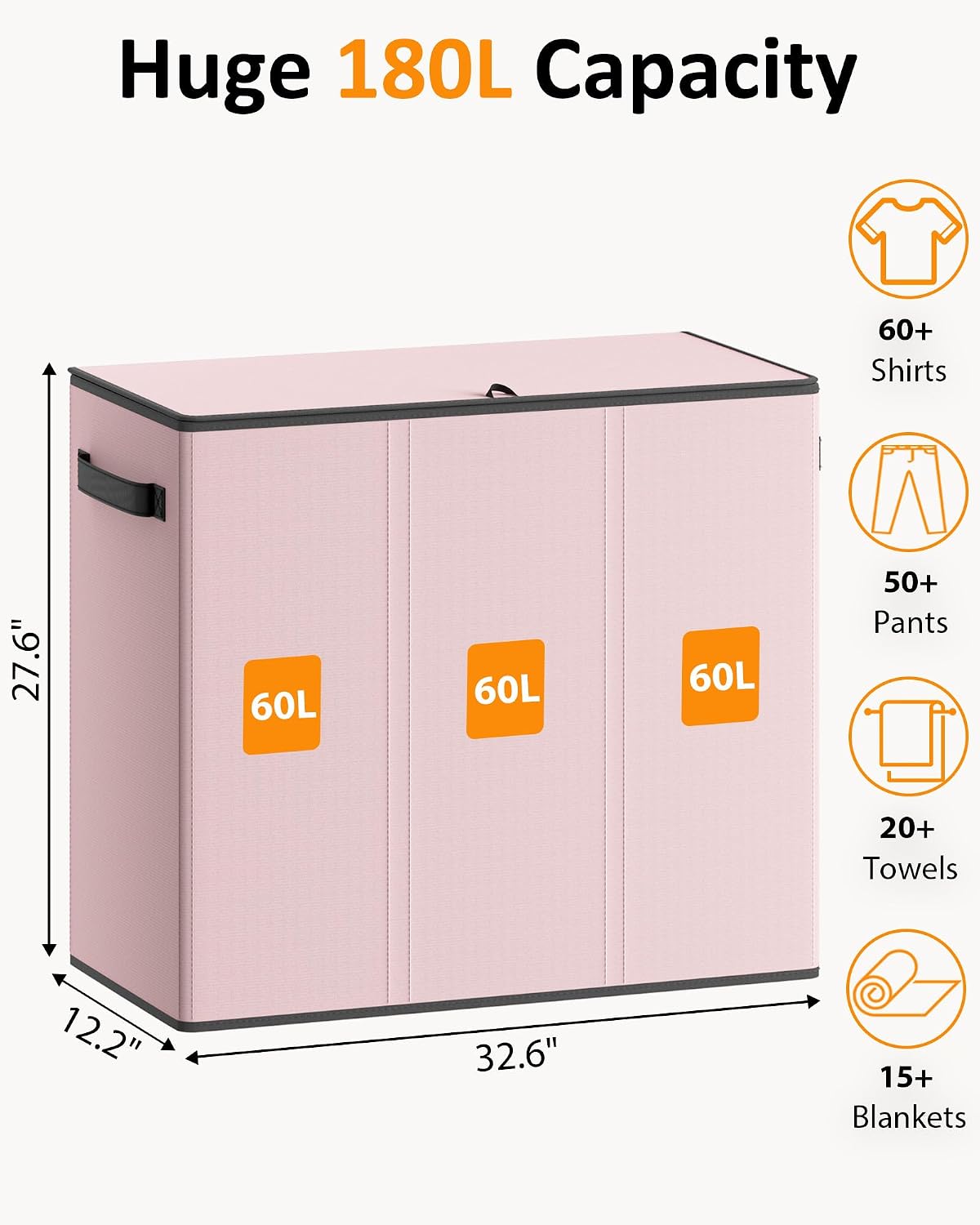 Optish 180L Laundry Hamper 3 Section, Large Laundry Hamper with Lid, Dirty Clothes Hampers with 3 Inner Bags, Laundry Basket Organizer for Laundry, Bedroom, Bathroom, Hamper 3 Compartment, Black