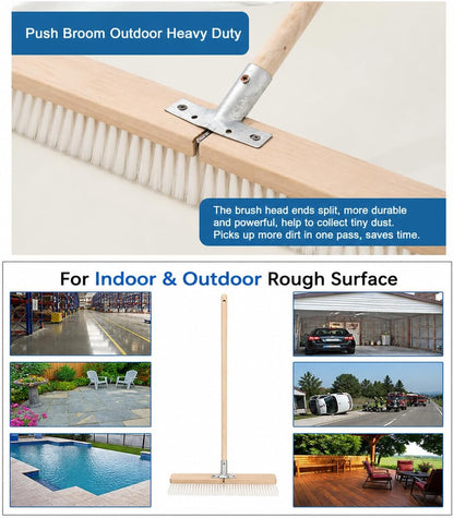 17.71” Heavy Duty Push Broom Outdoor, Stiff Plastic Bristles 4-Layer, 32.28” Wooden Handle, Industrial Broom for Garage Floor, Warehouse, Patio, Concrete, Deck & Sidewalk Cleaning