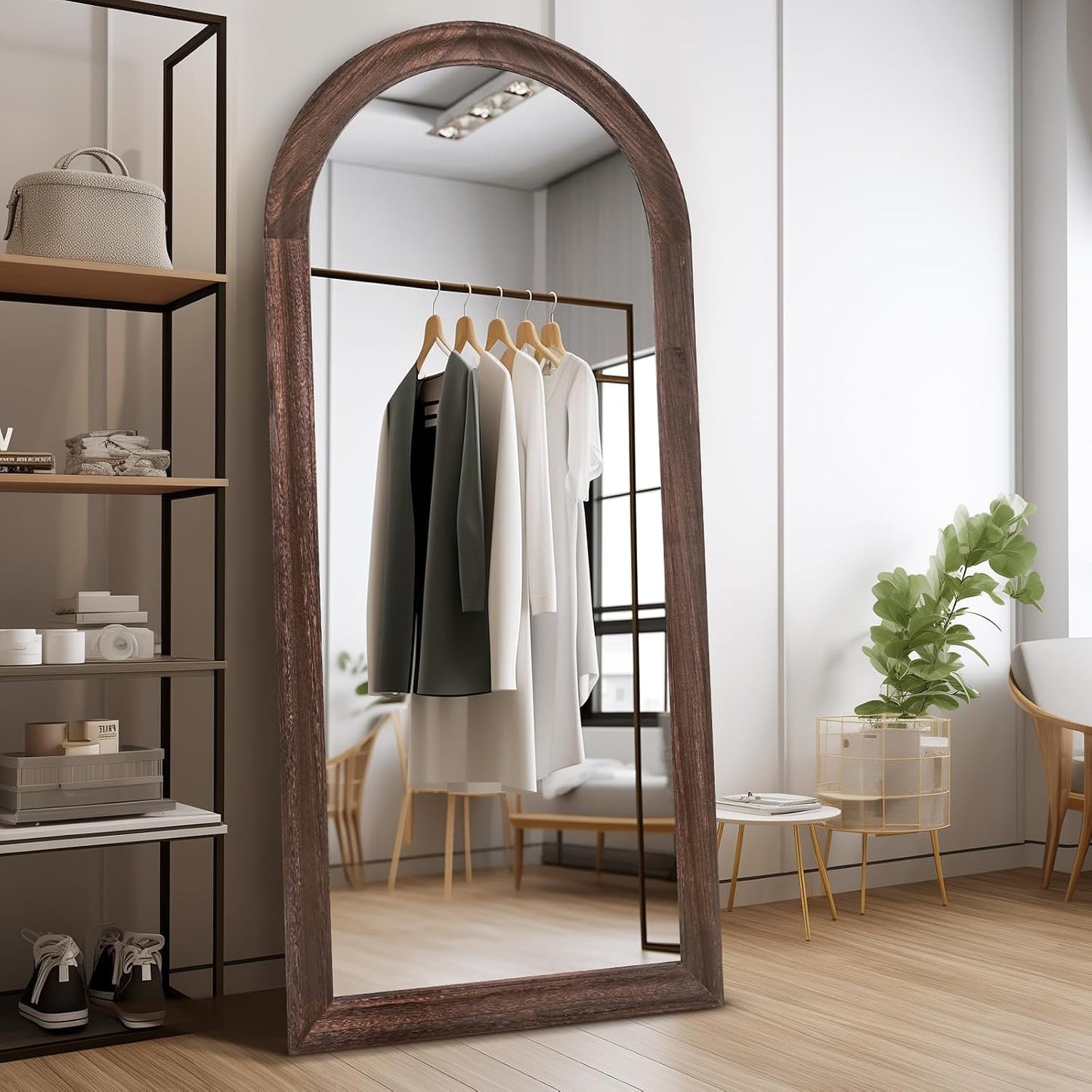 Solid Wood Full Length Mirror - 65"x22" Arched Floor Mirror, Free Standing & Wall Mounted - Elegant Design for Bedroom, Dressing Room, Hallway, Brown