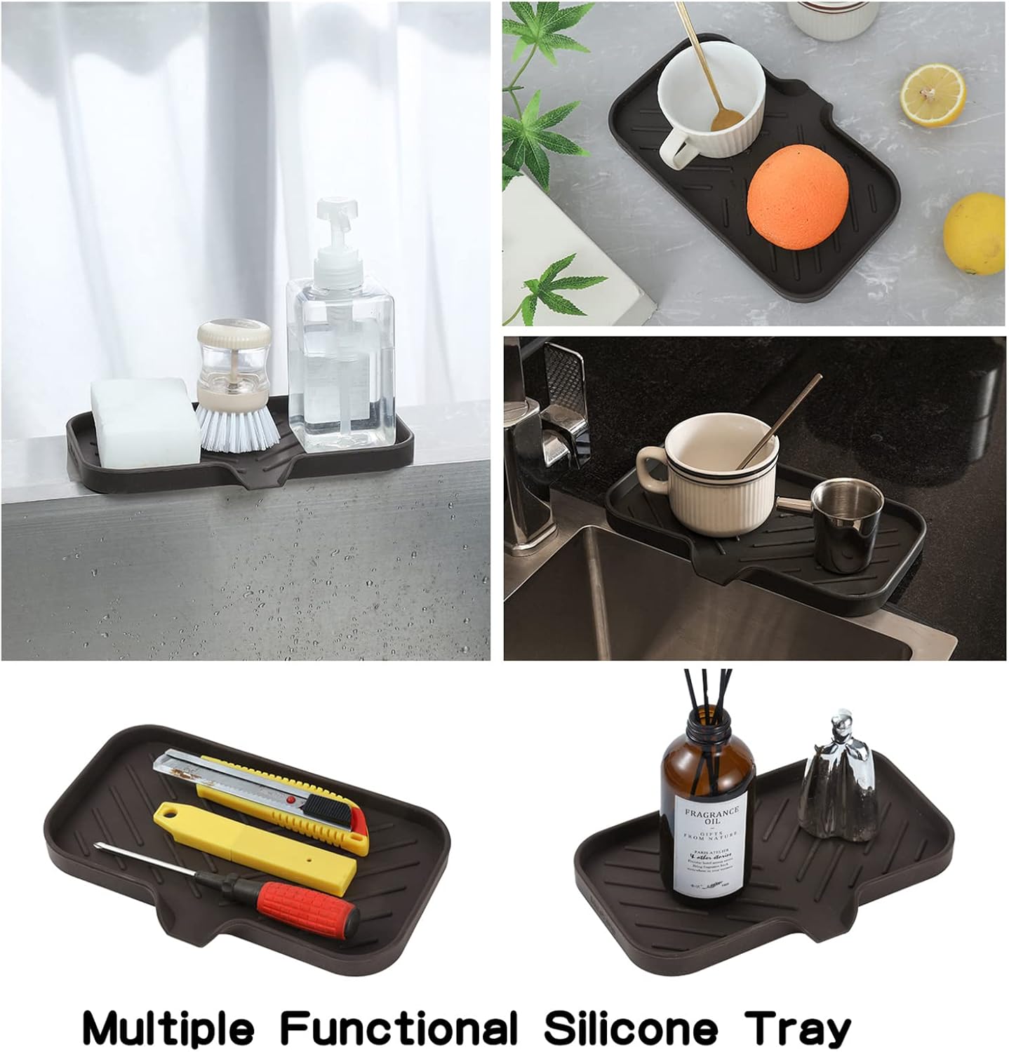 MicoYang Silicone Bathroom Soap Dishes with Drain Spout-Bathroom and Kitchen Sink Organizer,Sponge Holder,Dish Soap Tray,Perfect for Dispenser,Scrubber,Bottle,Cup on Sink or Counter-Coffee 4.9"×3.2"