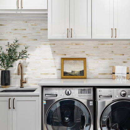 STICKGOO 20 Sheets Peel and Stick Backsplash Tile, Stick on Backsplash for Kitchen and Bathroom, White Sandstone Look PVC Mixed Metal Gold Self Adhesive Wall Tiles