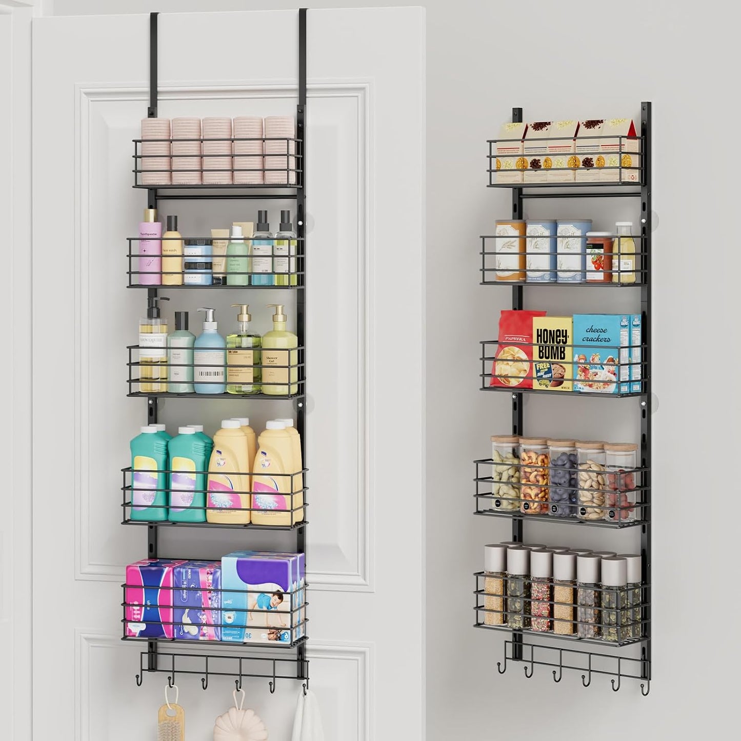 SWTYMIKI Over The Door Organizer - Door Organizer Hanging with 5 Adjustable Metal Large Capacity Basket and 6 Coat Hook, Wall Mounted Shelf for Bedroom Closet Bathroom Laundry Pantry Cabinet Kitchen