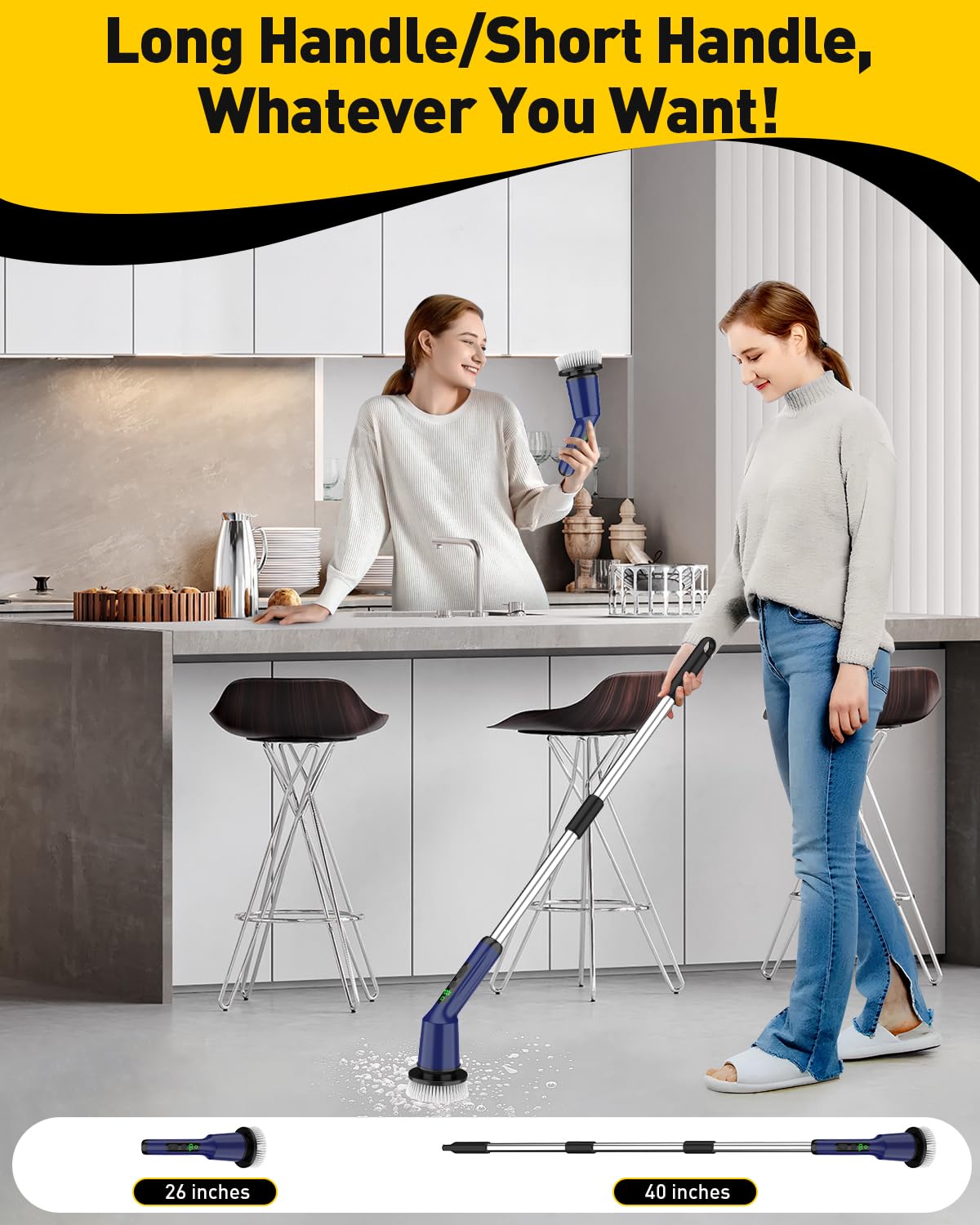 Shower Scrubber with Long Handle, Shower Cleaner Brush with 8 Floor Machine Pads, Cordless Electric Spin Scrubber for Cleaning with 2 Speed, Cleaning Supplies for Bathroom Bathtub Kitchen Floor Tile