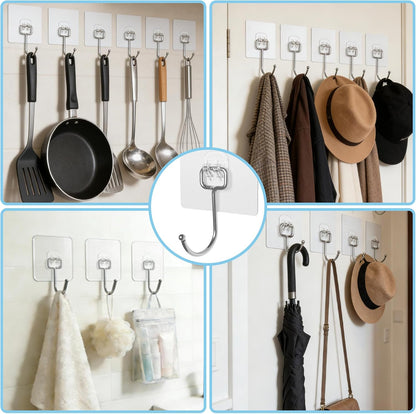 Adhesive Wall Hooks 10-Pack 60lb Heavy Duty - Waterproof Rustproof Sticky Hooks, No Damage Wall Hooks for Kitchen Bathroom Rental Home