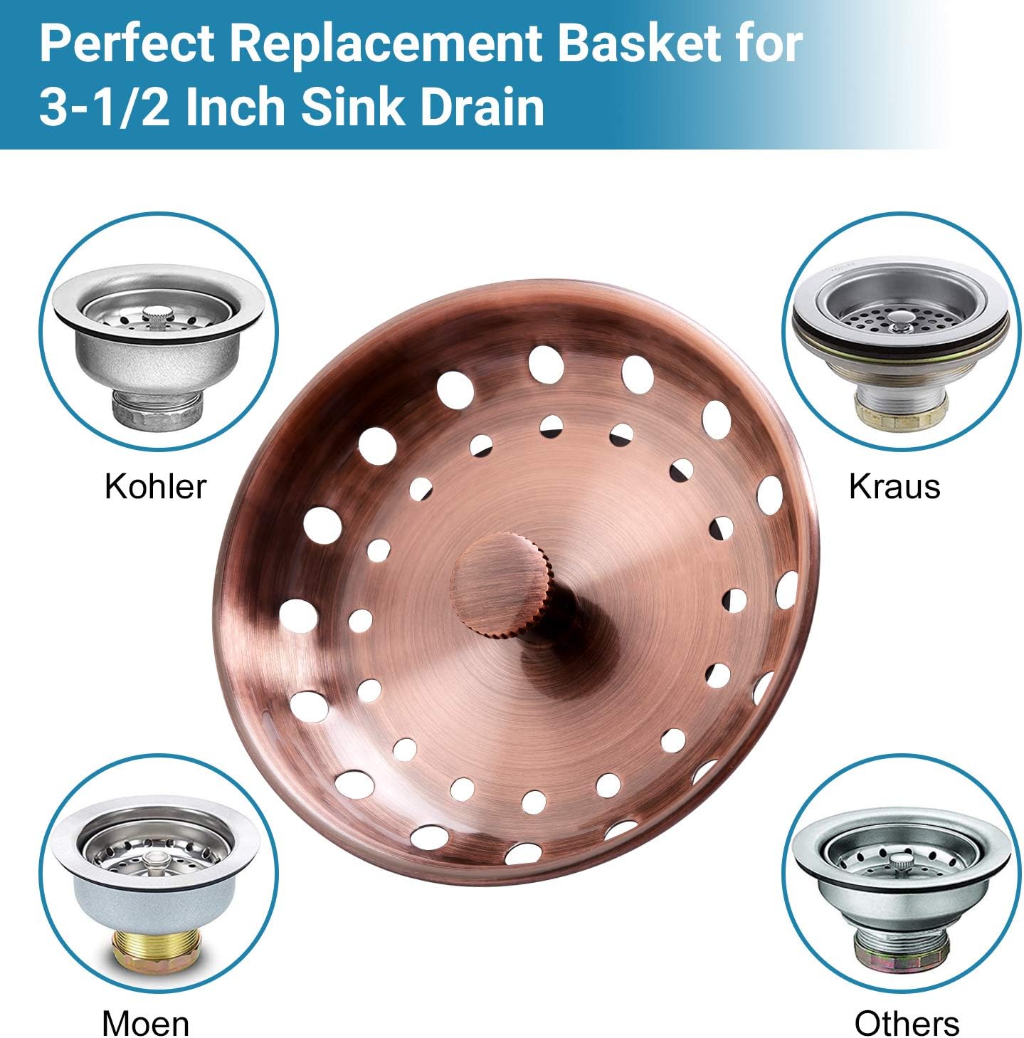 KONE 2PCS Kitchen Sink Basket Strainer Replacement for 3-1/2 Inch Standard Drains Brushed Stainless Steel Body Metal Center Knob with Rubber Stopper