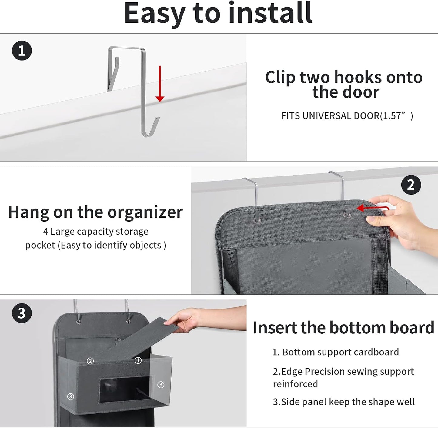 MAX Houser 4-Shelf Over The Door Hanging Organizer with 2 Metal Hooks, Gray | 4 Pocket Swing-proof Behind Door Organizers with Clear Windows for Bathroom Closet, Dorm