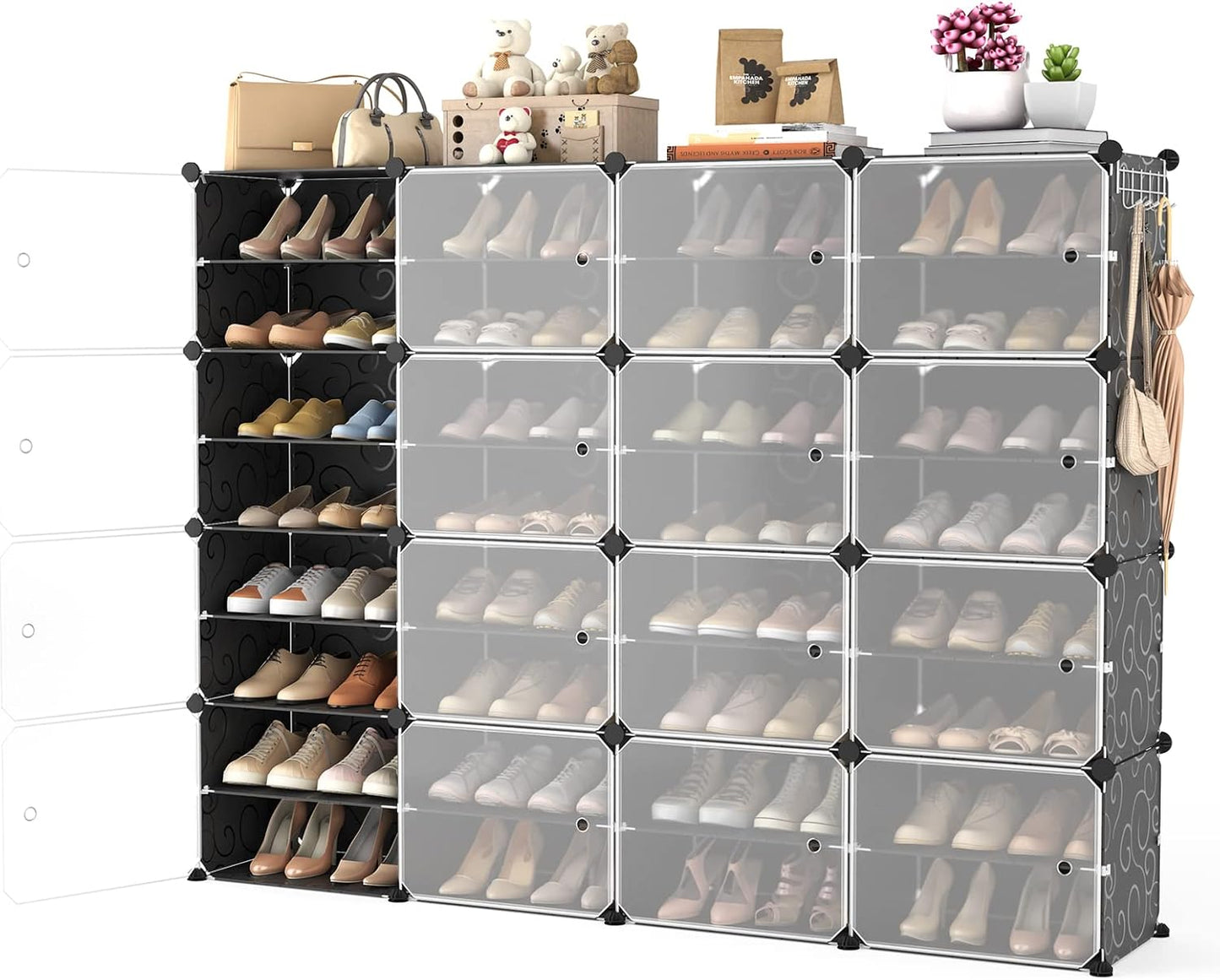 Portable Shoe Rack Organizer with Door, 96 Pairs Shoe Storage Cabinet Easy Assembly, Plastic Adjustable Shoe Storage Organizer Stackable Detachable Free Standing DIY Expandable 12 Tier Black