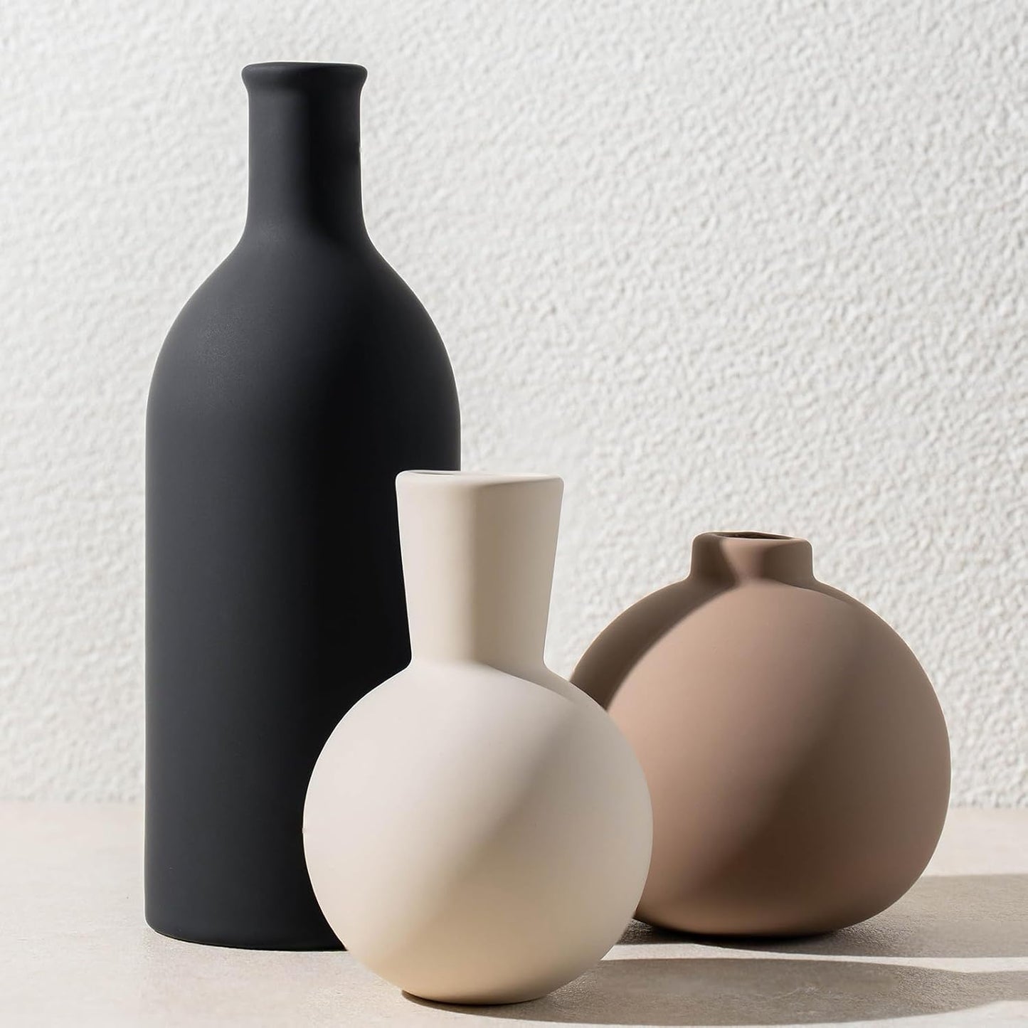 Ceramic Vase Set of 3, Modern Minimalist Neutral Home Decor, Boho Rustic Farmhouse Decorative Vases for Pampas Grass Dried Flowers | Table Centerpiece Entryway Mantel Bookshelf(Black Mix Set - Gray#1)