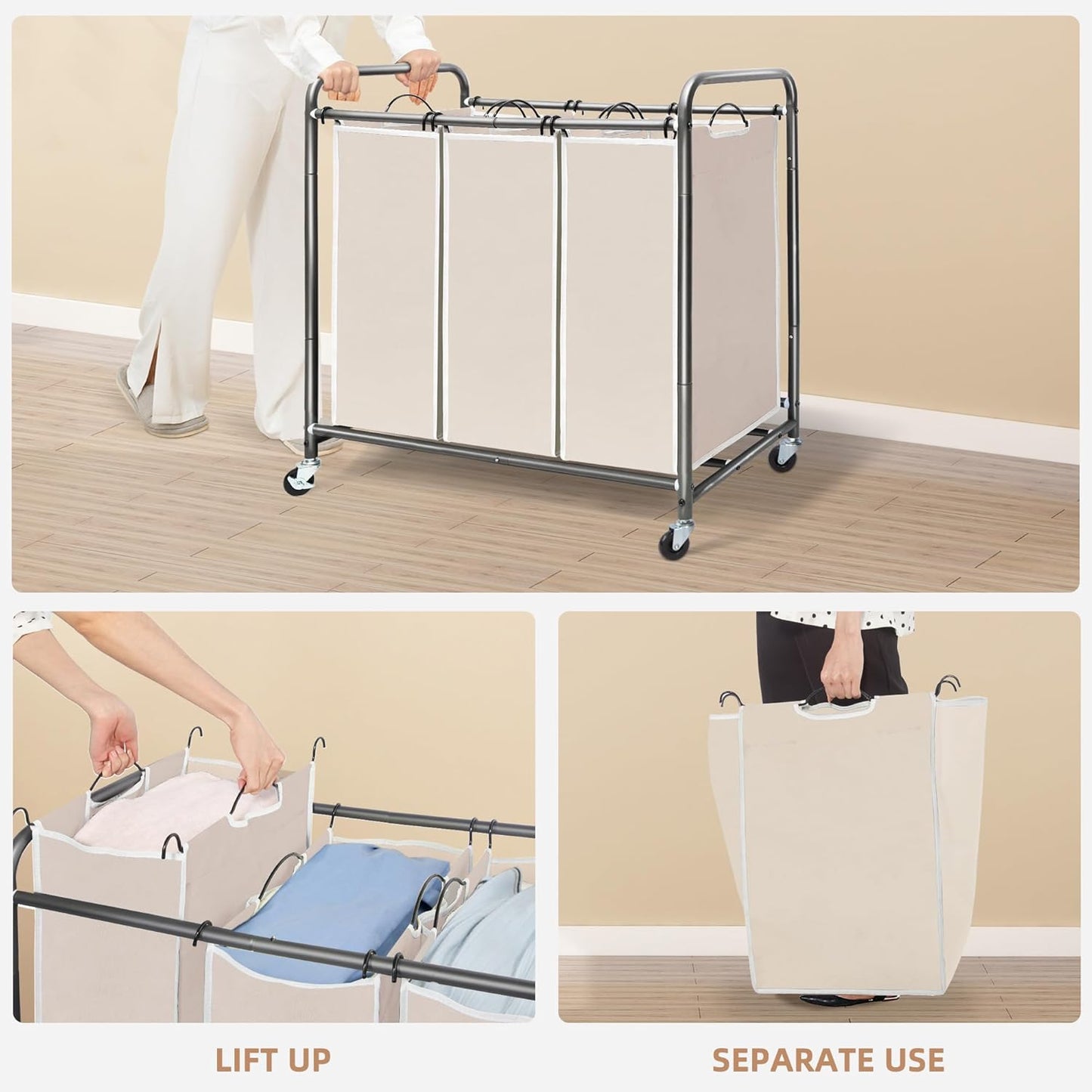 STORAGE MANIAC 3 Section Laundry Sorter, 35.6 Gal (135 L) Laundry Hamper Cart with Heavy Duty Rolling Lockable Wheels and Removable Bags, Clothes Organizer Basket Separator Hamper, Gray