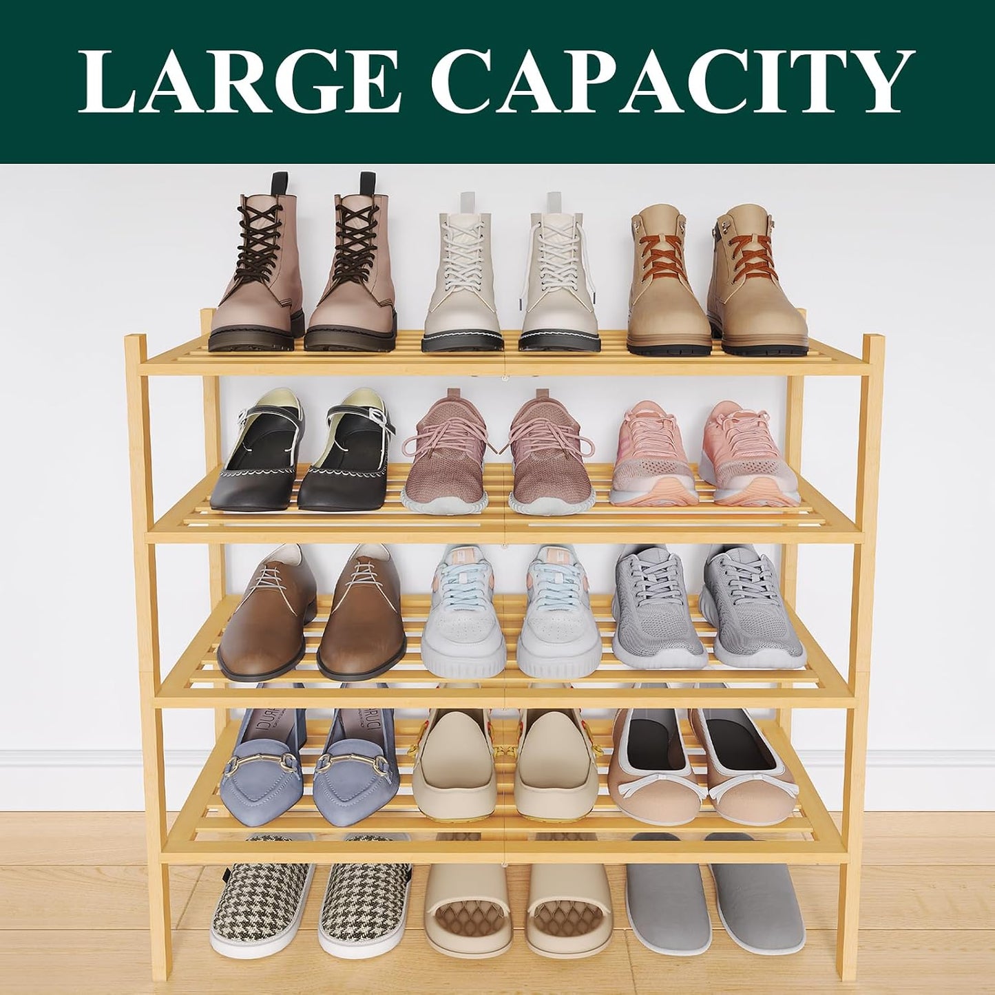 Smiry Bamboo Shoe Rack, 3 Tier Free Standing Wooden Shoe Organizer, Stackable Wood Shoe Storage Shelf for Closet, Entryway, 5 Horizontal Slats, 26.8"x11"x18.3", Natural
