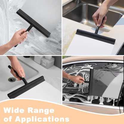 Squeegee for Shower Glass Doors, Resilient Loop - No-Drill & Adhesive Hook, Silicone Shower Squeegee with Stainless Steel Core, Cleaning Tool for Home, Kitchen, Bathroom & Car - Black