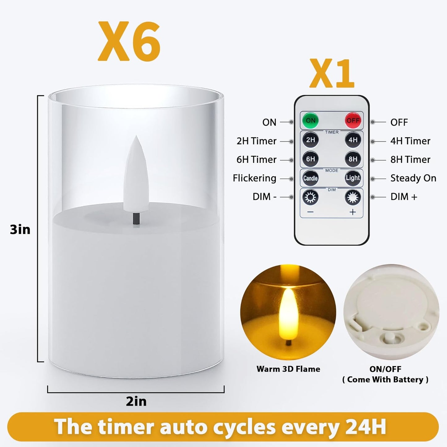 VIODAIM 12Pack Flickering Flameless LED Candles with Remote & Timer, Battery Powered - Small Pillar & Votive, Clear (2"X3")