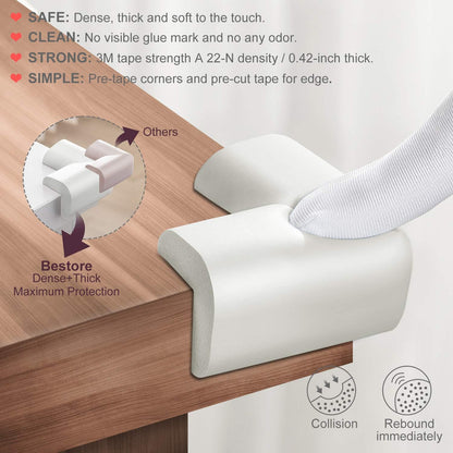 Baby Proofing Edge Corner Protectors, 20.5FT Furniture Table Bumper Guards | Soft thick rubber foam bumper, 18.1ft edge strips + 8 corner guards, 3M pre-taped for table, cabinet & wall sharp corners