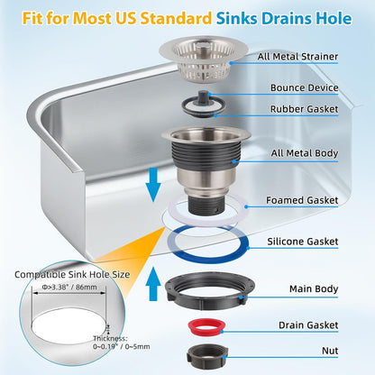 Hibbent Upgraded 3 In 1 Kitchen Sink Drain Strainer and Stopper Combo Assembly Kit, Stainless Steel Larger Anti-Clogging Basket, Pop Up Stopper Plug for US Standard 3-1/2 Inch, Brushed Nickel