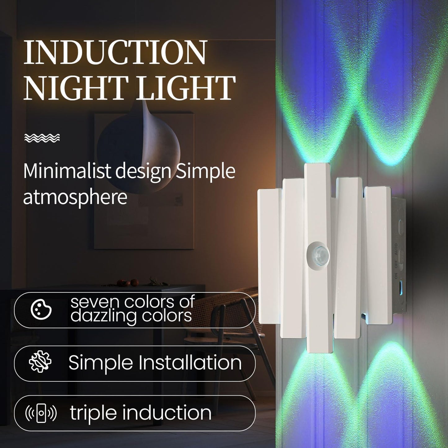 Rechargeable Motion Sensor Night Light, Magnetic RGB Color Changing LED Ambient Lighting, Compact Battery Operated Indoor Wall Light for Hallway, Stairs, Bathroom & Kids Room (USB-C)