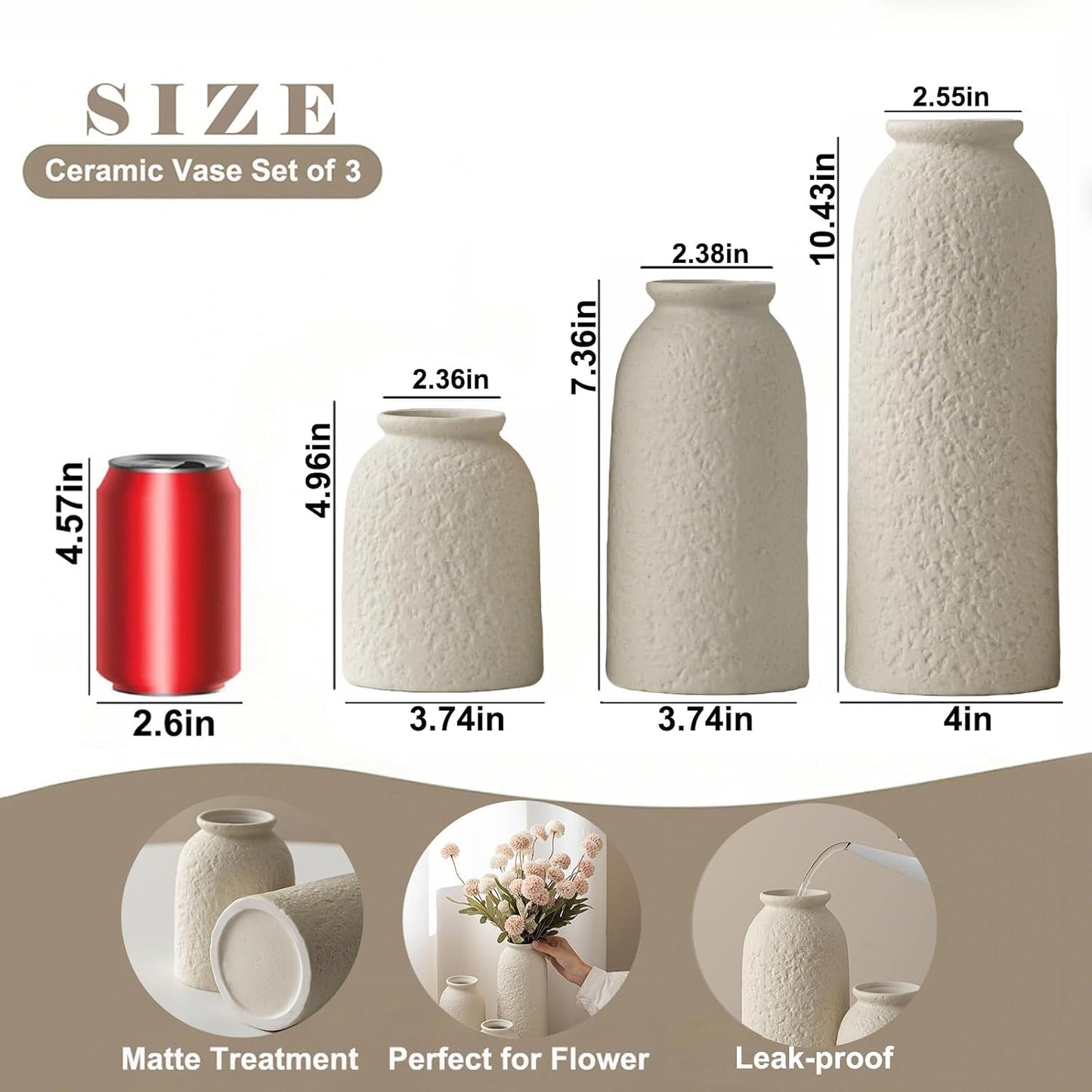 Ceramic Vase Set-3, Small Flower Vases for Decor, Modern Boho Farmhouse Style, Decorative Vases for Pampas Grass & Dried Flowers, Distressed Finish (Beige)